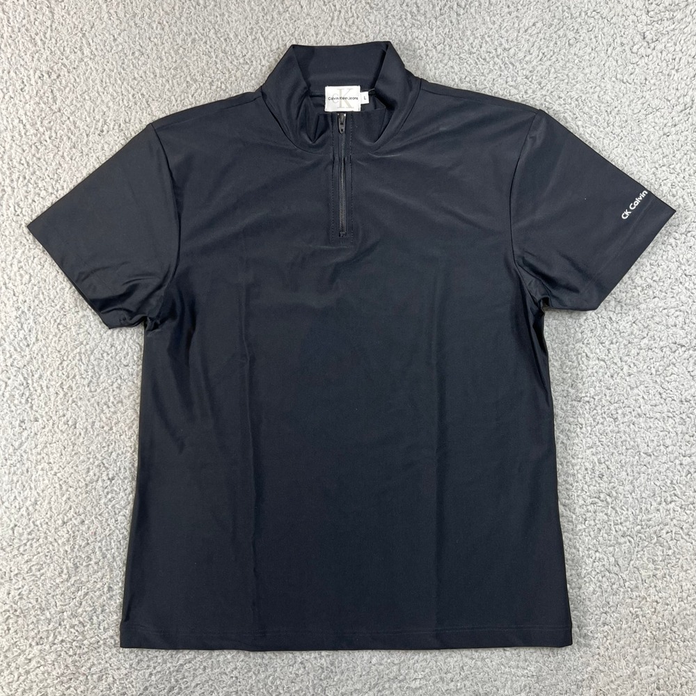Calvin Klein Jeans Half Zip Mock Neck Juniors L‎ Black Short Sleeve Stretch Top